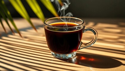 Fototapeta premium A clear glass cup of dark coffee, steam rising, palm leaf shadows cast on surface, espresso, shade