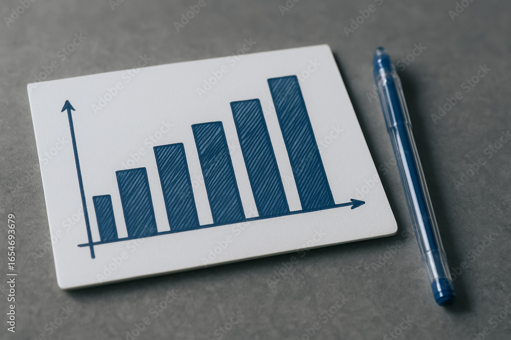 Poster ascending business graph: a simple graph with an upward trajectory, illustrated on a clean notepad, 