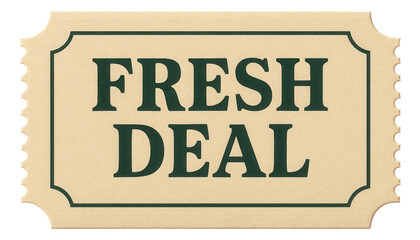 Beige tag sticker with FRESH DEAL in bold letters, enticing retail promotion offer on transparent background.
