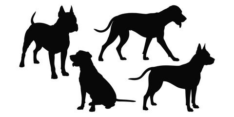 Silhouettes of four distinct dogs in varied poses—highlighting breed diversity, anatomy, and posture for design and educational use