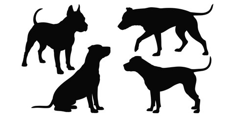 Silhouettes of four dogs in varied poses—standing, walking, sitting—illustrating breed diversity, posture, and canine behavior