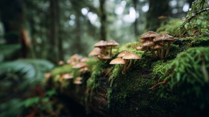Obraz premium Mushrooms on mossy forest debris