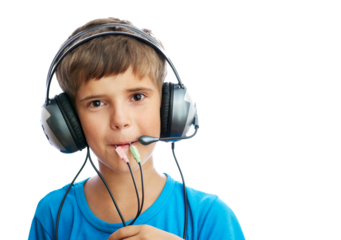 Child with Headphones and Cables on Transparent Background