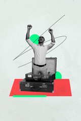Pop image sketch 3d trendy collage of happy girl guy hold phone laptop booking travel tickets peek...