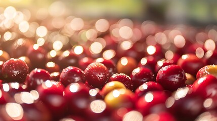 Close up of bright red cherries with soft bokeh background