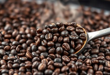 Dark roasted coffee beans being scooped, rich aroma,  bar,  hands