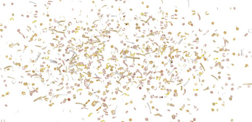 Beautiful image of gold and beige confetti falling on white background. Perfect for celebrations, parties, and festive designs.