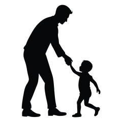 Black silhouette of father gently guiding his child learning to walk as a symbol of support and nurturing white background