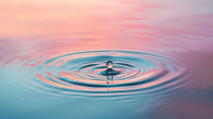 Serene water droplet creating ripples on calm surface, reflecting pastel pink and blue hues, symbolizing tranquility, balance, harmony, peaceful beauty, gentle movement, and the mesmerizing poetry of
