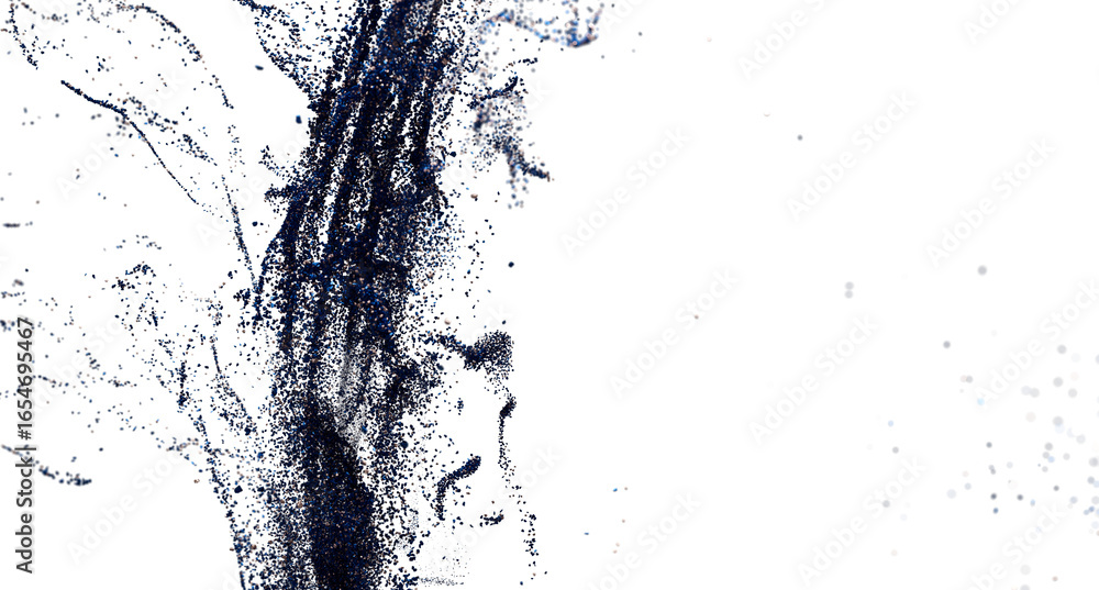 Poster high-resolution image of abstract blue particles dispersing on a white background. ideal for design 