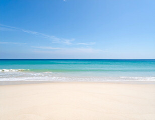 Serene tropical beach scene with calm turquoise water lapping gently on pristine white sand under a clear blue sky.