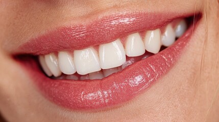 Close-up of a bright smile with flawless teeth showcasing healthy dental hygiene and a natural lip color