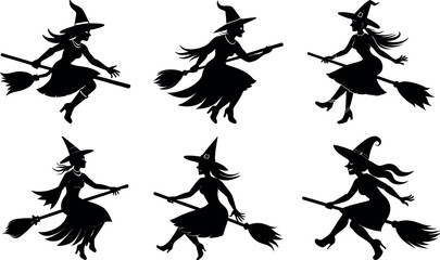 Silhouetted Witches Flying on Brooms for Halloween Vector Illustration Set
