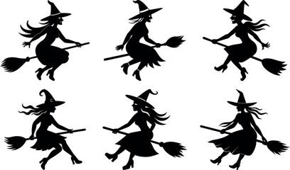 Halloween Witch Silhouettes Flying on Brooms in a Patterned Arrangement