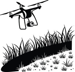 Drone with four rotors and front camera flying above ground silhouette