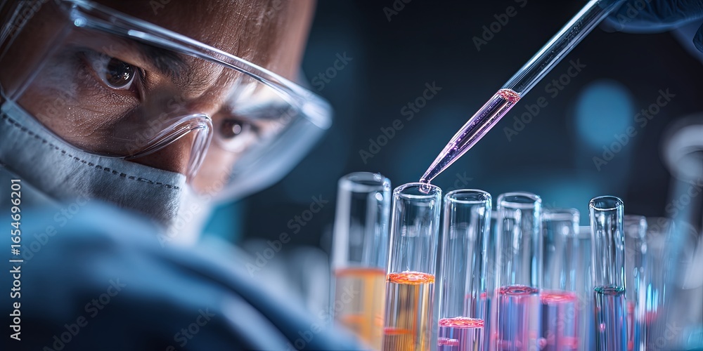 Poster focused scientist conducting experiment in laboratory with test tubes and pipette for research and i