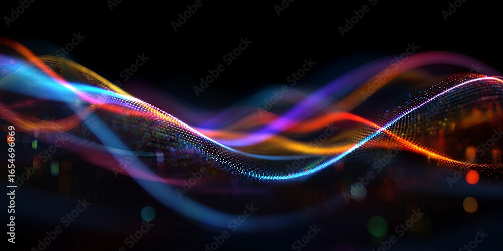 Poster colorful light streaks and waves creating abstract visual representation of digital data flow and te