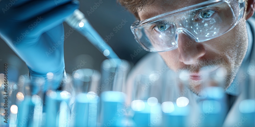 Poster focused scientist conducting experiment in laboratory with test tubes and pipette for research and i