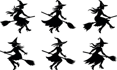 Silhouetted Witches Flying on Brooms for Halloween Vector Graphic Set
