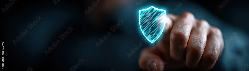 Poster technicians hand hovering over glowing shield icon symbolizing protection against threats in cyberse