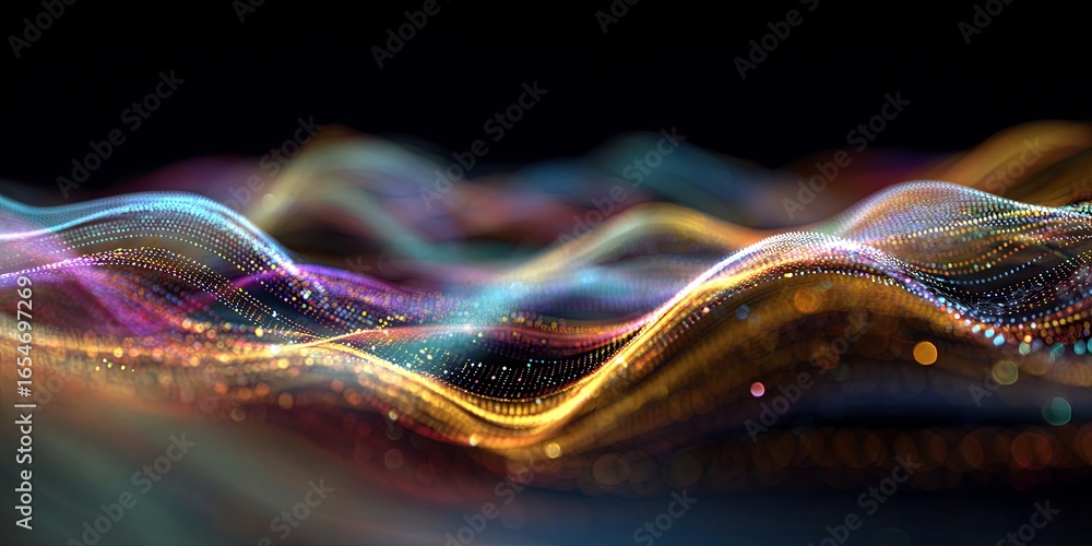 Poster colorful light streaks and waves creating abstract visual representation of digital data flow and te