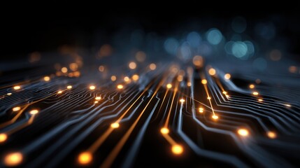 Circuit board data flows, blurred lights background, tech, innovation, futuristic use