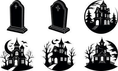 Halloween Silhouette Set Tombstones and Haunted Houses in Black and White