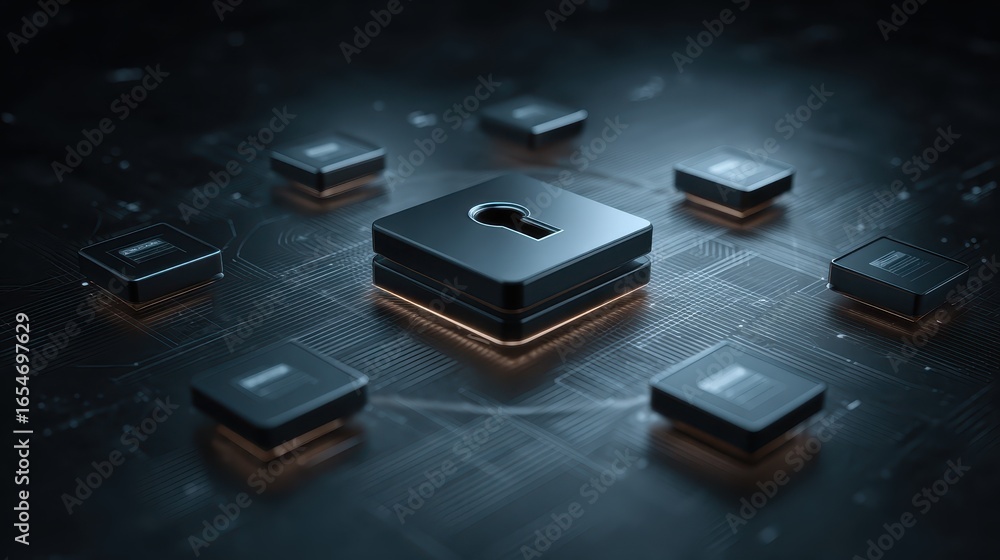 Poster abstract digital lock surrounded by floating alert icons representing cybersecurity protection and t