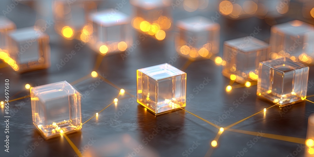 Poster digital networking concept with glowing cubes and connections representing technology, data, and com