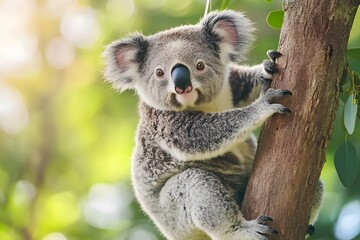 Fototapeta premium A curious koala climbs a tree in a sunlit forest.