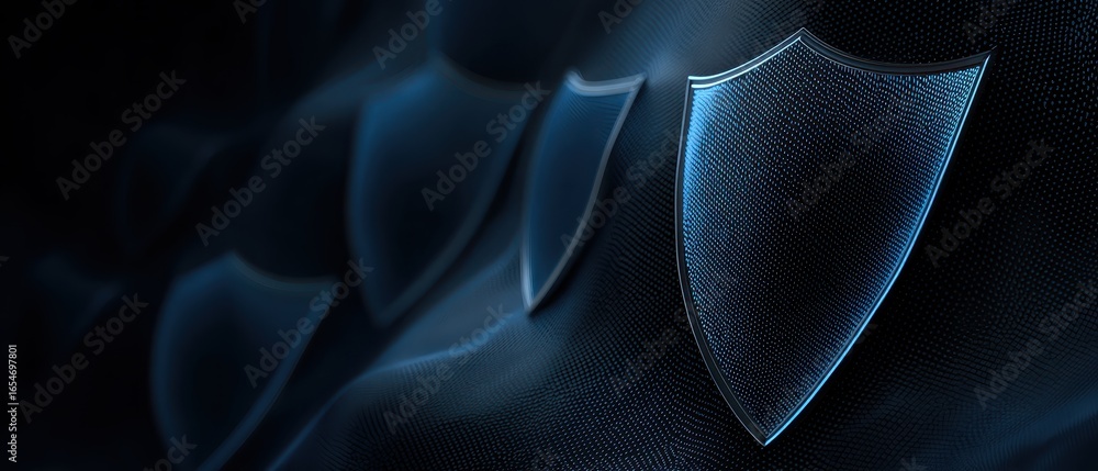 Poster animated cyber shield waves with layered protection in a blue light display for threat defense conce
