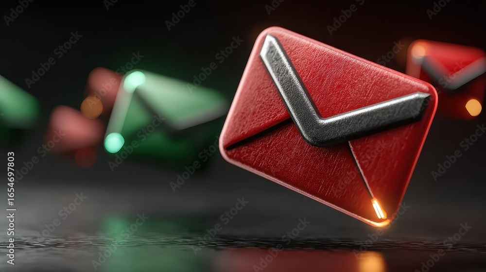 Aufkleber animated illustration of email threat being intercepted with colorful envelopes floating in a dark e