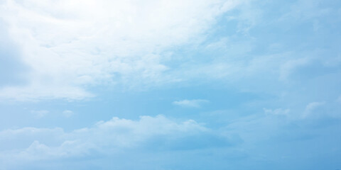 Sky blue clouds, tropical panorama, fluffy sunny light, natural, fresh weather storm clouds effect on the background 