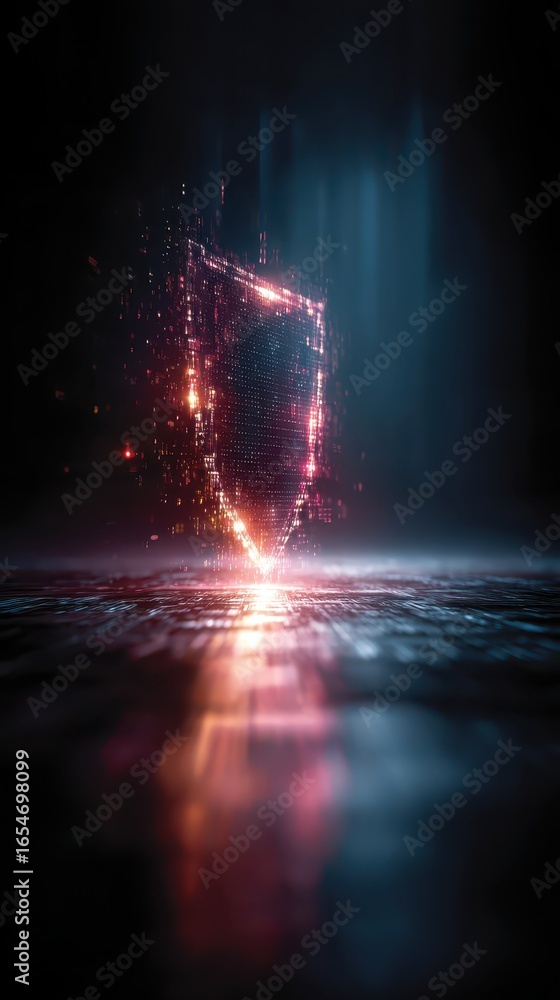 Poster digital shield concept visualizing threat protection against data attacks and cybersecurity breaches