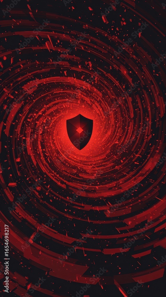 Poster conceptual visual of a shield deflecting data threats in a swirling red environment for protection a