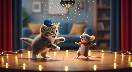 A kitten wearing a blue hat dances with a mouse wearing a red bow tie under a disco ball in a cozy room.