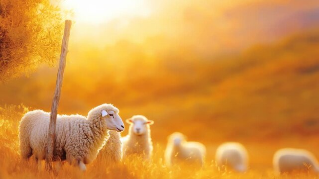 Blessed sheep flock in a divine golden light background.