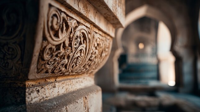 Fototapeta Ornate stone column capital in historical building
