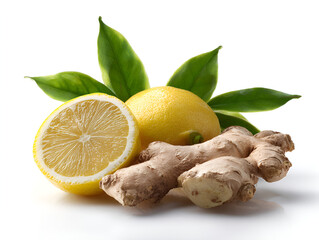 Fresh lemon and ginger root with green leaves isolated on white background