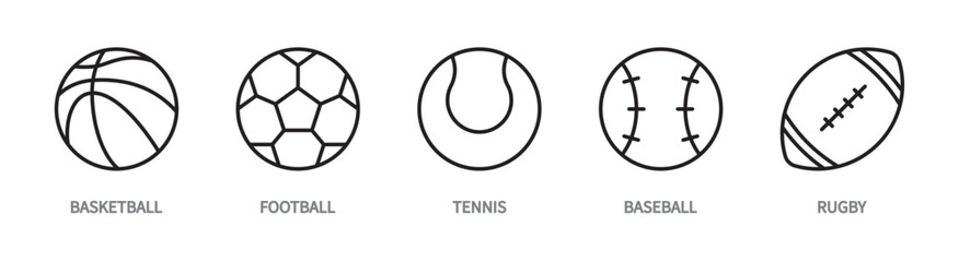 Types of sports / games line icon set. Basketball, football, tennis, baseball, rugby symbol. Fitness and sport. Vector illustration. Flat design. Editable stroke. Isolated on a white background.