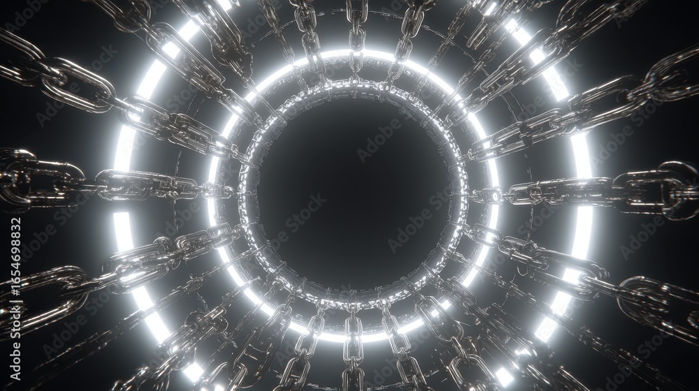 Poster animated shield icon surrounded by encircled chains with light effects representing protection and s