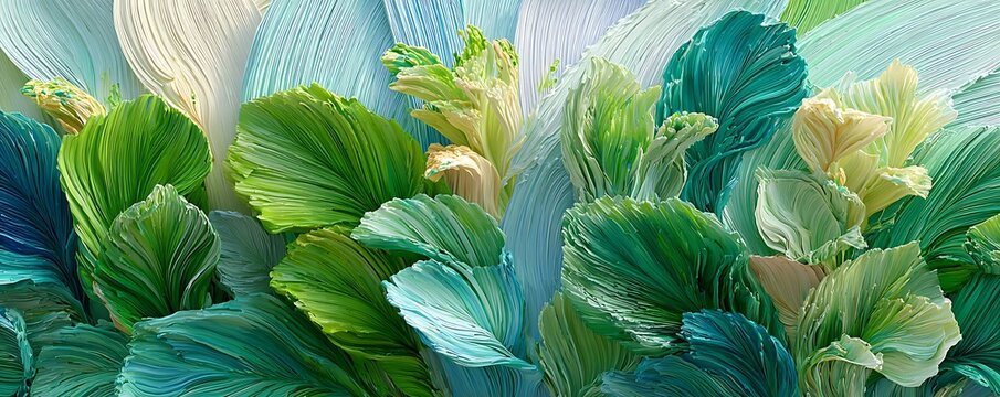 Tropical plant abstraction in bold green and turquoise with dynamic brushstrokes