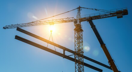 Construction Cranes Lifting Steel Beams Against Bright Sunny Sky