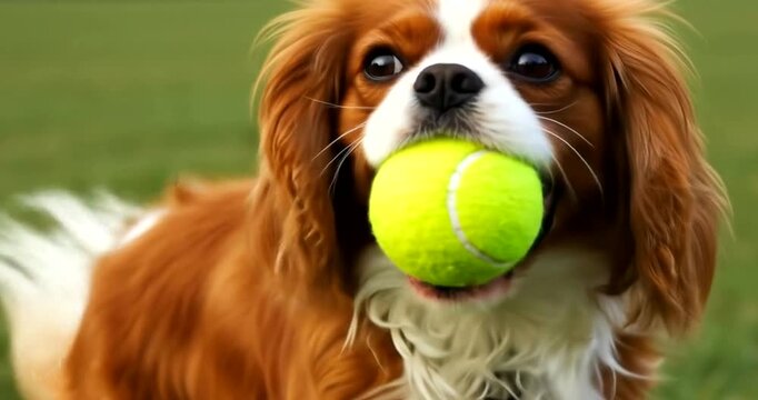 Happy cavalier king charles spaniel holding yellow ball in grass