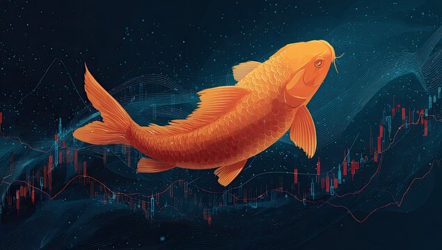 Koi fish over financial data