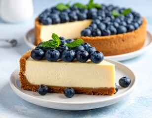 Slice of delicious blueberry cheesecake with mint on top.