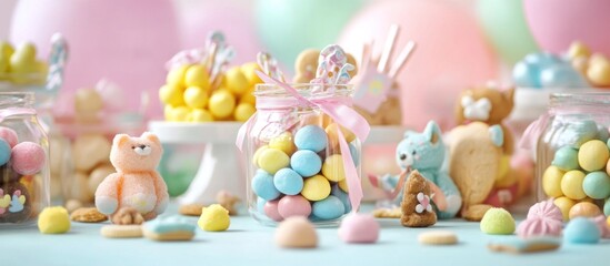 Obraz premium Pastel-colored treats in jars and on a table
