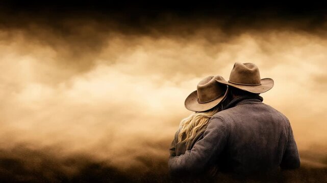 Romantic cowboy couple in a western love story backdrop.