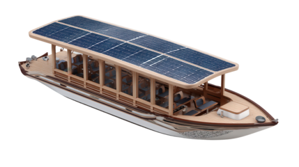 Solar-Powered Electric Boat for Eco-Tourism background isolated on a Transparent background, PNG file.