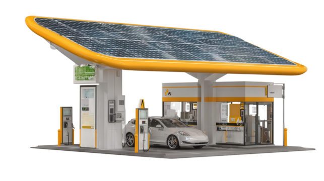 Solar-Powered Electric Car Charging Station background isolated on a Transparent background, PNG file.